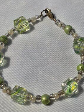 925 Sterling Silver Beaded Bracelet Large Lime Green Beads & Smaller Spacer Bead